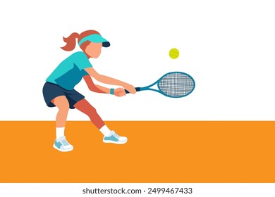 Cute active girl in blue clothing wearing visor and play in tennis. ACtive child doing sports. Vector illustration