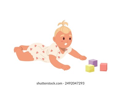 Cute active newborn baby cartoon character crawling feeling playful playing with building blocks