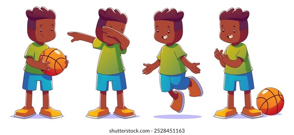 Cute active smiling african kid boy dancing, jumping and standing with basketball ball. Cartoon vector illustration of happy sporty energetic child in different poses during physical activity.