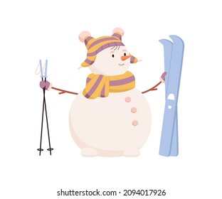 Cute active snowman with ski and poles. Happy winter character in hat and scarf. Snow man athlete during wintertime and Christmas sports activity. Flat vector illustration isolated on white background