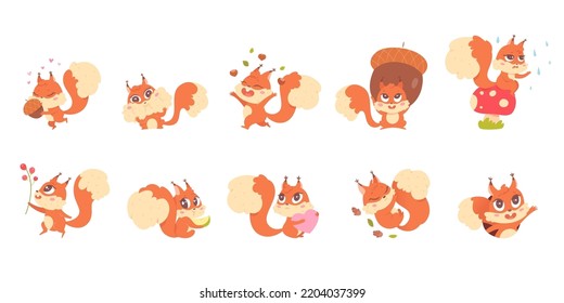 Cute active squirrel characters set vector illustration. Cartoon happy fluffy animal holding acorn, pink heart and berry plant, sitting in forest tree, funny games of adorable pet isolated on white