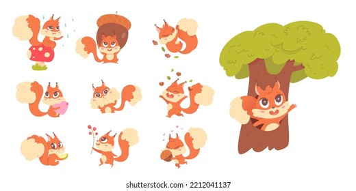 Cute active squirrel characters set vector illustration. Cartoon happy fluffy animal holding acorn, pink heart and berry plant, sitting in forest tree, funny games of adorable pet isolated on white