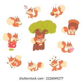 Cute active squirrel characters set vector illustration. Cartoon happy fluffy animal holding acorn, pink heart and berry plant, sitting in forest tree, funny games of adorable pet isolated on white