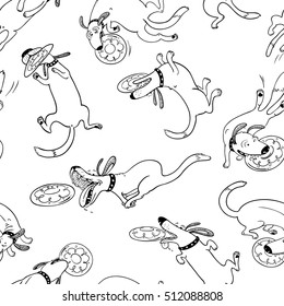 Cute Activity Dogs Vector Seamless Pattern. Doodle Background With Frisbee Sport Pets. Funny Animals Playing, Catching And Retrieving Plastic Disk.  Black And White Color Version