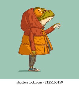 Cute admiring frog, vector illustration. Anthropomorphic frog in a down jacket, standing in profile, looking up at something and reaching for it with his hand. An animal character with a human body.