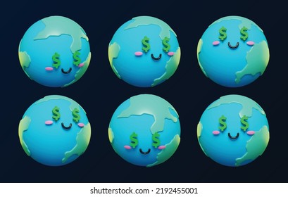 Cute and adorable 3d Earth with dollar symbols emoji character emoticons vector set. 3d cartoon Earth icons. EPS10