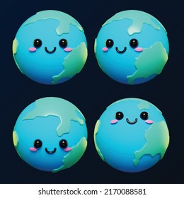 Cute And Adorable 3d Earth Emoji Character Emoticons Vector Set. 3d Cartoon Earth Icons.