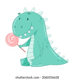 Cute adorable Acrokantosaurus animal with candy. Lovely dino for nursery, t-shirt, book, print, poster design cartoon vector illustration