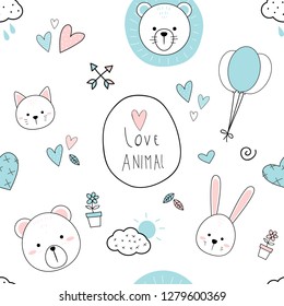 Cute adorable animal head cartoon doodle seamless pattern background wallpaper vector eps10