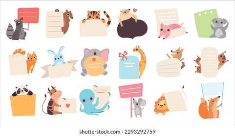 Animales adorables y adorables con banners en blanco. Diario, memo, planificador diario, para hacer lista, portátil, tarjetas, pegatinas diseño ilustración vectorial