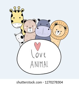 Cute adorable animals cartoon doodle banner with love animal text frame background wallpaper vector eps10