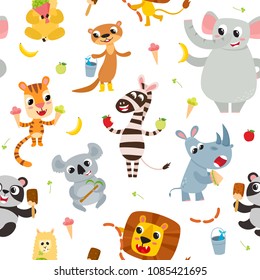 Cute adorable animals character eating different food. Vector seamless with wild animals isolated on white used for magazine, greeting card, web pages and scrapbooking.