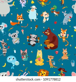 Cute adorable animals character eating different food. Vector seamless with domestic and wild animals isolated on blue used for magazine, greeting card, web pages and scrapbooking.