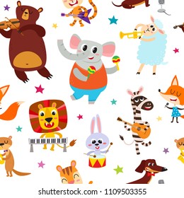 Cute adorable animals character with musical instrument. Vector seamless with domestic and wild animals musicians isolated on white used for kids magazine, greeting card, web pages and scrapbooking.