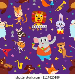 Cute adorable animals character with musical instrument. Vector seamless with domestic and wild animals musicians isolated on violet used for kids magazine, greeting card, web pages and scrapbooking.