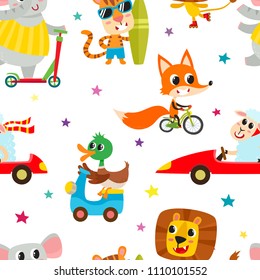 Cute adorable animals character on different transport. Vector seamless with domestic and wild animals isolated on white used for children magazine, greeting card, web pages and scrapbooking.