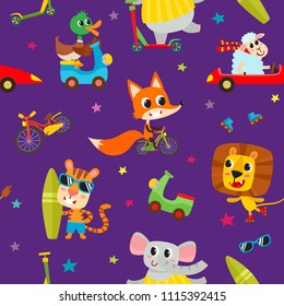 Cute adorable animals character on different transport. Vector seamless with domestic and wild animals isolated on violet used for children magazine, greeting card, web pages and scrapbooking.