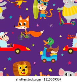 Cute adorable animals character on different transport. Vector seamless with domestic and wild animals isolated on violet used for children magazine, greeting card, web pages and scrapbooking.