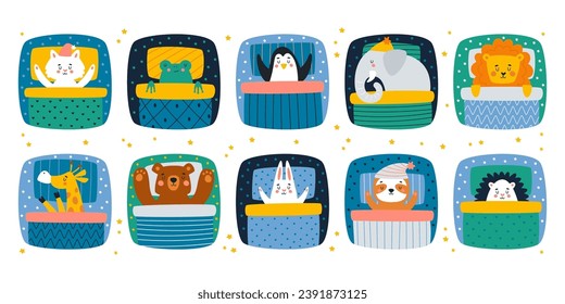 Caracteres adorables adorables animales adornados durmiendo en la cama bajo una imagen vectorial aislada de manta. Gato, rana, pingüino, elefante, león, jirafa, oso, liebre, pereza y erizo que tengan sueños dulces