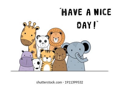 Cute adorable animals greeting cartoon doodle card background wallpaper