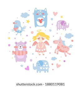 Cute Adorable Baby Animals in Circular Shape, Girl Angel, Unicorn, Bear, Elephant, Bird, Bear in Pastel Colors Cartoon Vector Illustration
