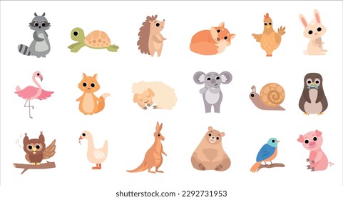 Cute adorable baby animals set. Raccoon, turtle, hedgehog, fox, rabbit, flamingo, koala, bear domestic and wild animals vector illustration