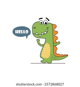 Cute Adorable Baby Dinosaur Cartoon Character with Say Hello to kids in Speech Bubble Icon Isolated on White background. Dragon Stickers Design for T-Shirt Printing. Vector Illustration