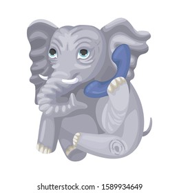 Cute adorable baby elephant sitting and talking by phone. Animal character. T-shirt print, kids wear design. Isolated on white background. Flat style vector cartoon illustration.