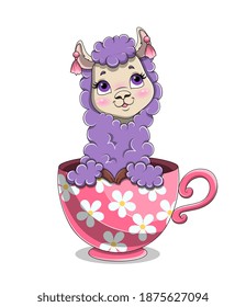 Cute adorable baby lama or baby lamb sitting inside the cup. Cartoon vector illustration