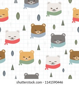 Cute adorable baby teddy bear faces cartoon doodle seamless pattern background wallpaper