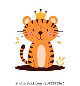 Cute Adorable Baby Tiger Animal Cartoon Character Wearing King Crown with Happy Expression