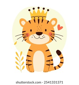 Cute Adorable Baby Tiger Animal Cartoon Character Wearing King Crown with Happy Expression