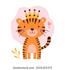 Cute Adorable Baby Tiger Animal Cartoon Character Wearing King Crown with Happy Expression