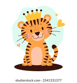 Cute Adorable Baby Tiger Animal Cartoon Character Wearing King Crown with Happy Expression