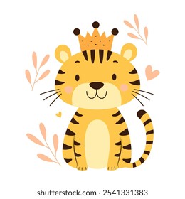 Cute Adorable Baby Tiger Animal Cartoon Character Wearing King Crown with Happy Expression