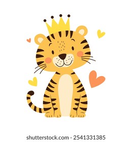 Cute Adorable Baby Tiger Animal Cartoon Character Wearing King Crown with Happy Expression