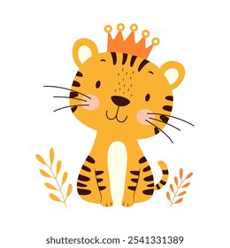 Cute Adorable Baby Tiger Animal Cartoon Character Wearing King Crown with Happy Expression