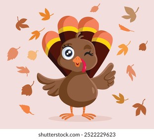 
Cute Adorable Baby Turkey making OK Sign Vector Cartoon illustration. Cheerful mascot celebrating Thanksgiving holding thumbs up gesture
