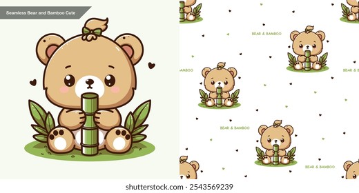 Cute and adorable bear eating bamboo, vector, simple color, no gradient color, for printing purposes, children's wrapping paper By MOHAMADFANI