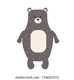 Oso lindo, adorable, teddy ib estilo skandinaviano de pie, decorado con hojas simples y texto, mensaje Vamos a jugar composición aislada en fondo blanco ilustración vectorial