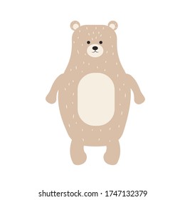 Cute, adorable bear, teddy ib skandinavian style standing, decorated with simple leaves and text, message Lets play isolated composition on white background stock vector illustration