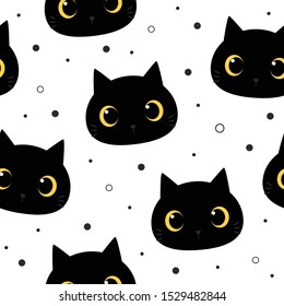 Cute adorable black big eye cat kitten head cartoon doodle seamless pattern on white backgroun wallpaper, can use for wrapping paper or print on product, vector eps10