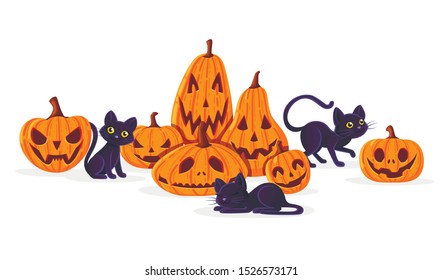 Cute adorable black cats playing with spooky scary Halloween pumpkins cartoon animal design flat vector illustration on white background