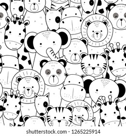 Cute adorable black and white thin line cartoon doodle animals seamless pattern background wallpaper vector eps10