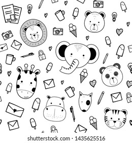 Cute adorable black and white thin line animals cartoon doodle stuff seamless pattern background wallpaper cover