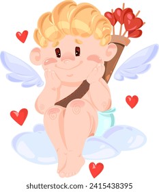 Cute Adorable blond Cupid cartoon character with an arrow and a quiver, and hearts, kawaii chibi cupid