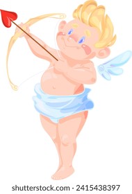 Cute Adorable blond Cupid cartoon character with an arrow and a bow, kawaii chibi cupid