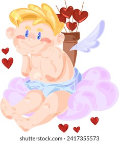 Cute Adorable blond Cupid cartoon character with an quiver, kawaii chibi cupid.