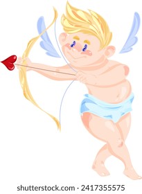 Cute Adorable blond Cupid cartoon character with an arrow and a bow, kawaii chibi cupid