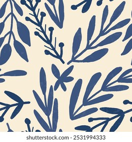 adorável bonito azul e creme rabiscar plantas. Vetor de padrão contínuo com paleta de cores vintage retro. Bom para papel de parede, bandeiras de venda, cartazes, etiquetas, tecido, artigos de papelaria e invólucro de presente